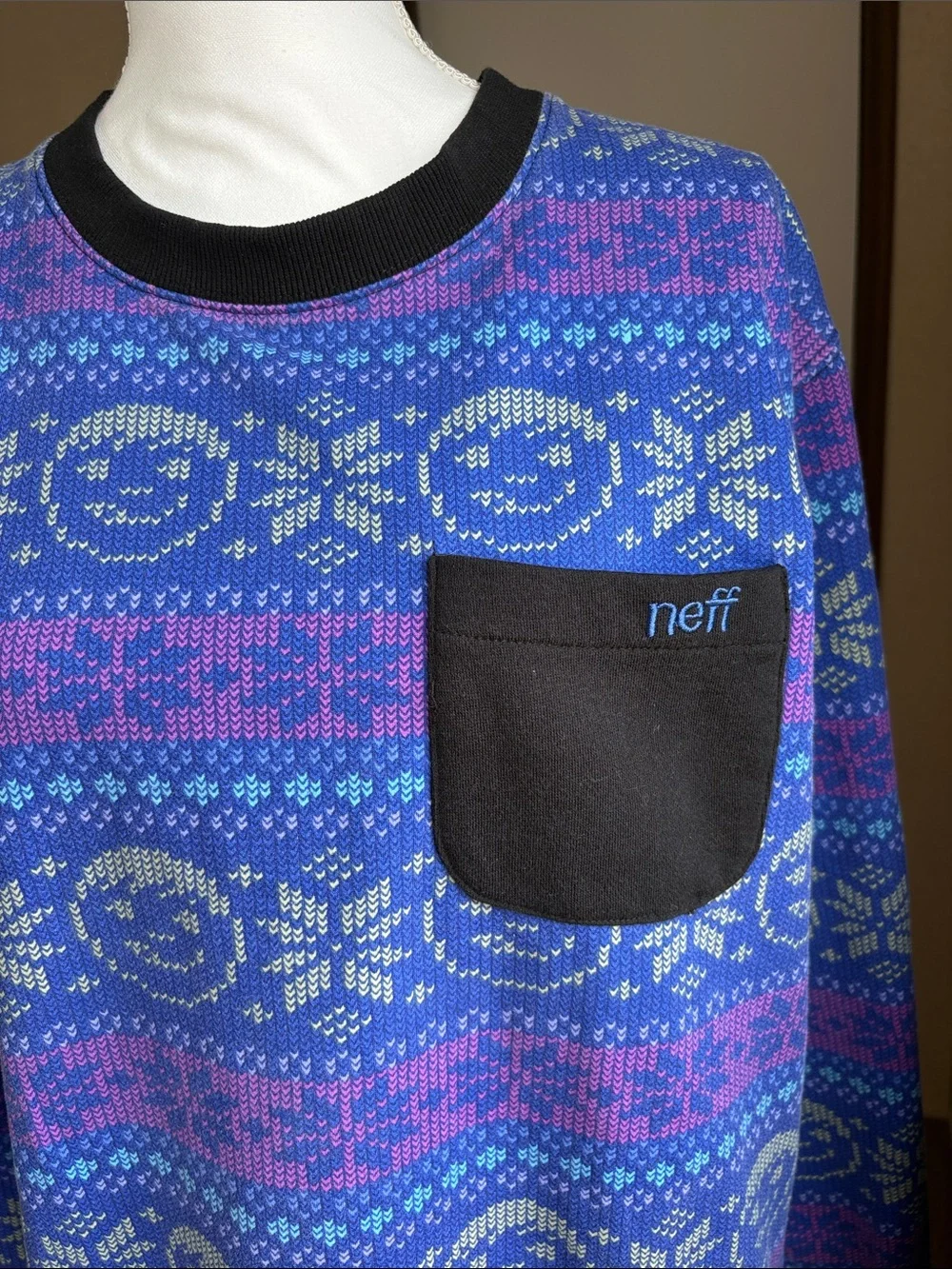 Neff Blue Fair Isle Crewneck Sweatshirt Front Pocket Streetwear Ski Medium